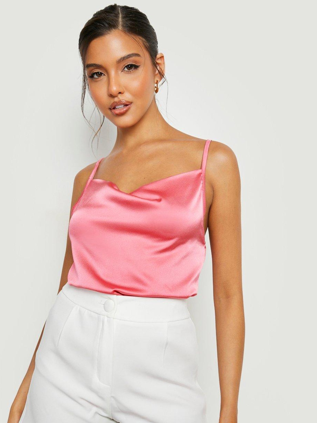 

Boohoo Pink Cowl Neck Satin Top