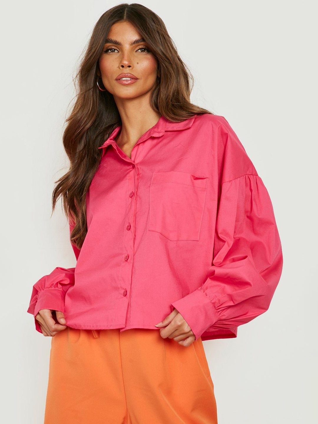 

Boohoo Women Pink Solid Boxy Casual Shirt