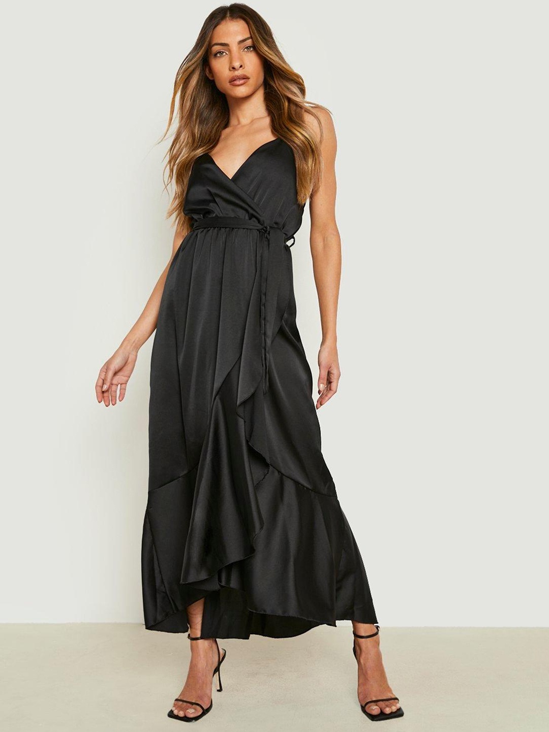 

Boohoo Black Satin Wrap Tie-Up Maxi Dress