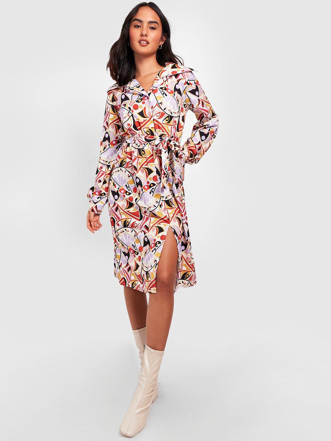 

Boohoo White & Black Abstract Print Shirt Midi Dress
