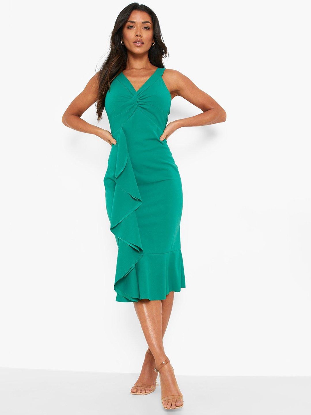 

Boohoo Green Twist Ruffled Sheath Midi Dress