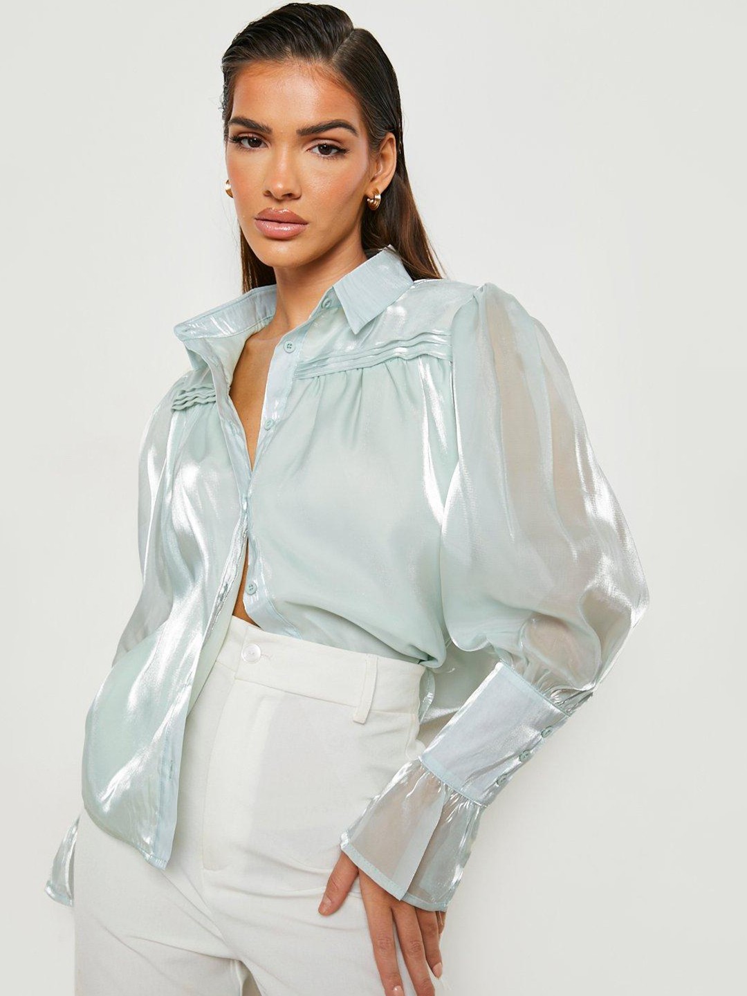 

Boohoo Women Blue Shimmery Organza Casual Shirt