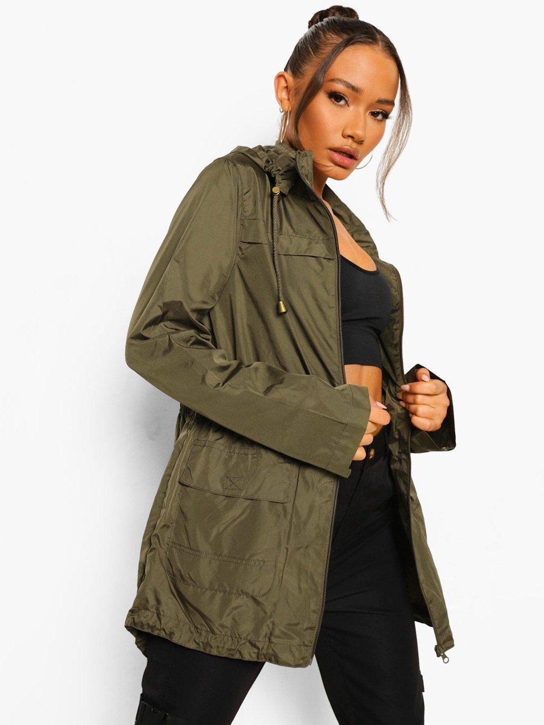 

Boohoo Women Olive Green Hooded Longline Tailored Jacket