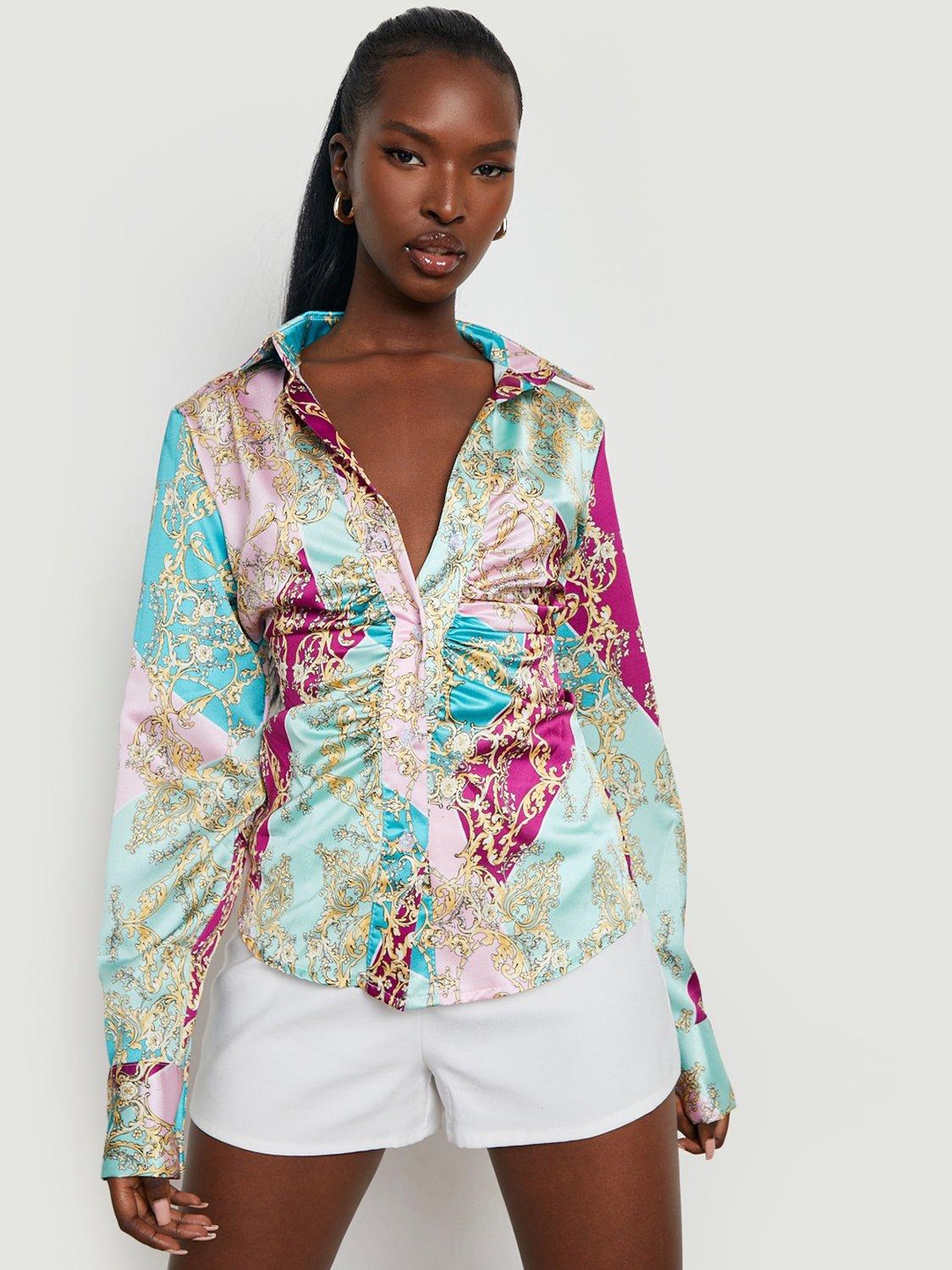 

Boohoo Women Blue & Pink Printed Ruched Casual Shirt