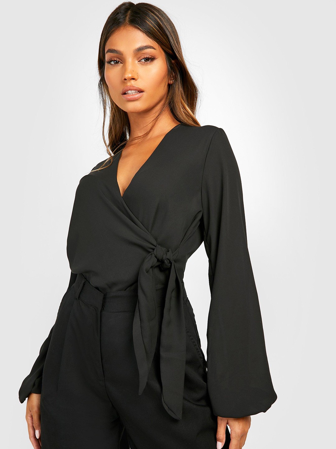 

Boohoo Black Solid Wrap Bodysuit