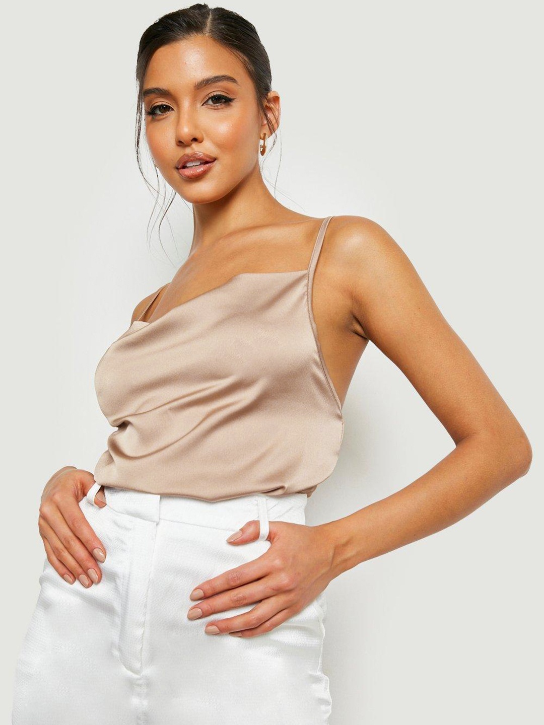 

Boohoo Beige Satin Finish Top Cowl Neck Top