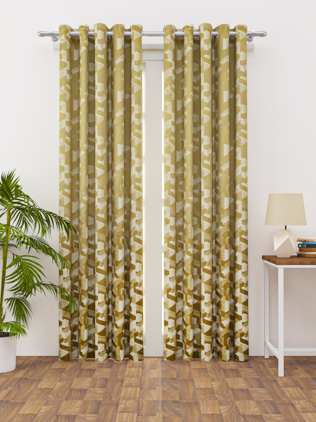

HAPPY HUES Green & Cream Set of 2 Geometric Long Door Curtain