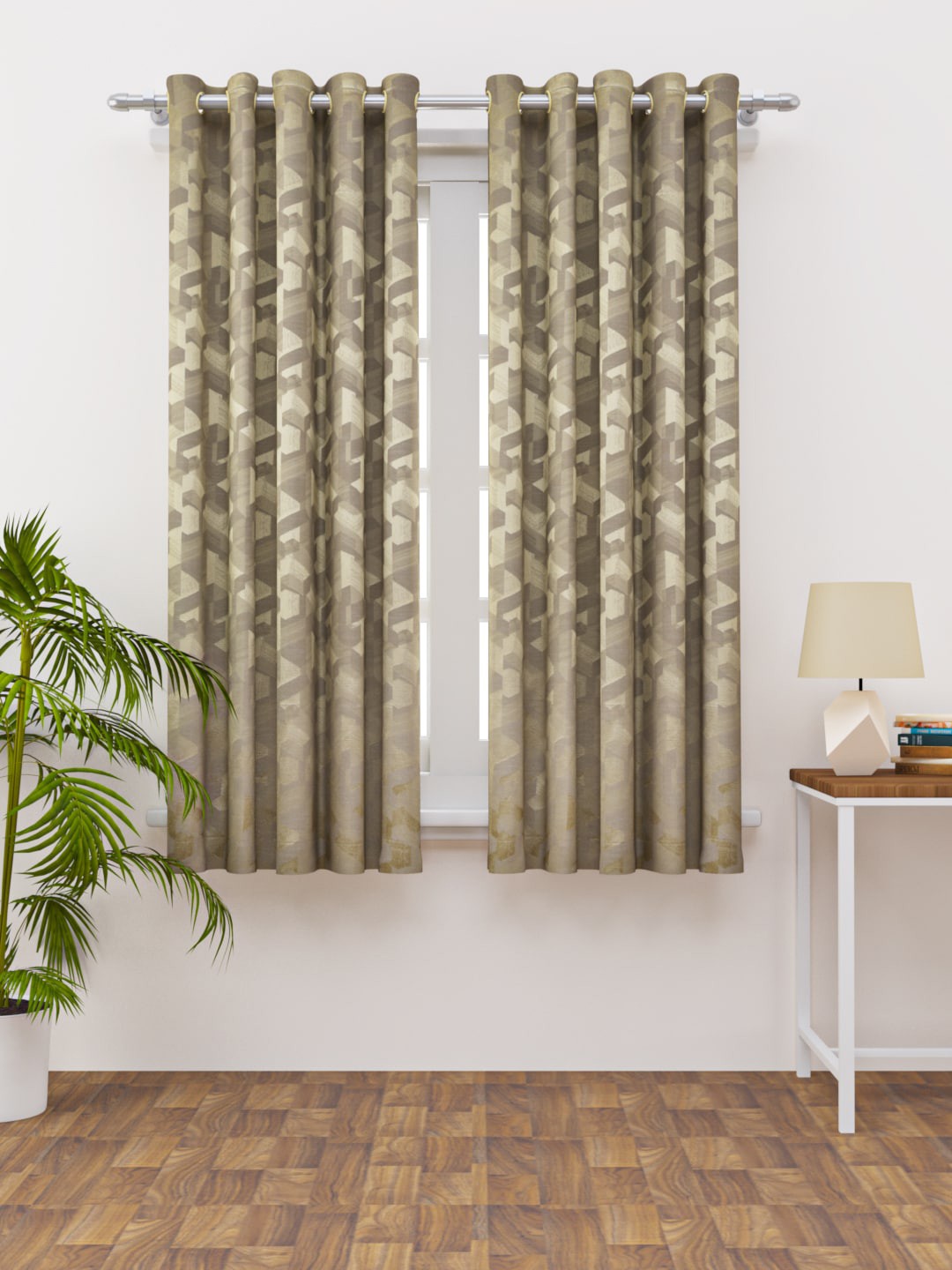 

HAPPY HUES Beige & Brown Set of 2 Geometric Window Curtain