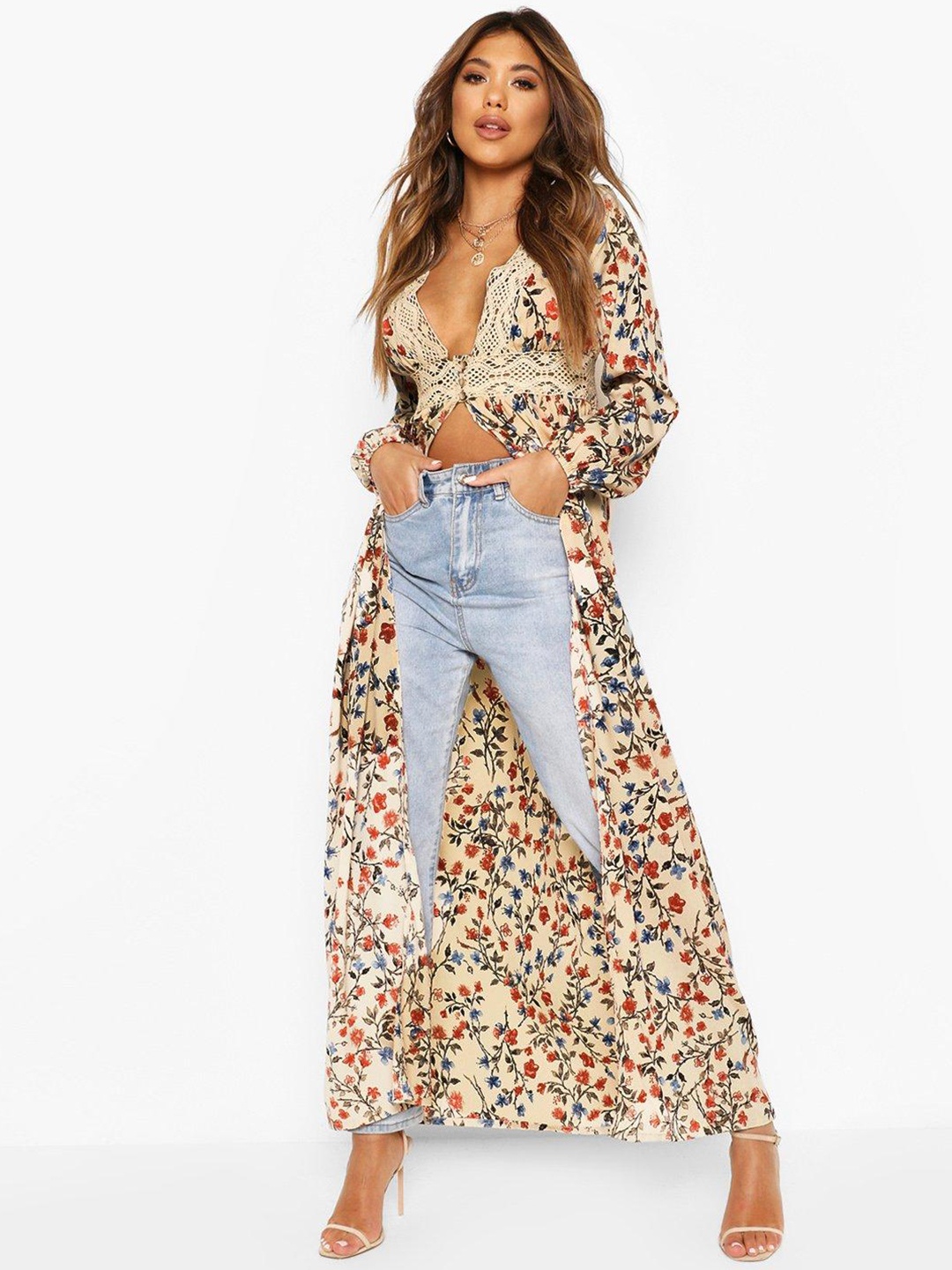 

Boohoo Beige & Red Floral Print Crochet Trim Maxi Longline Top