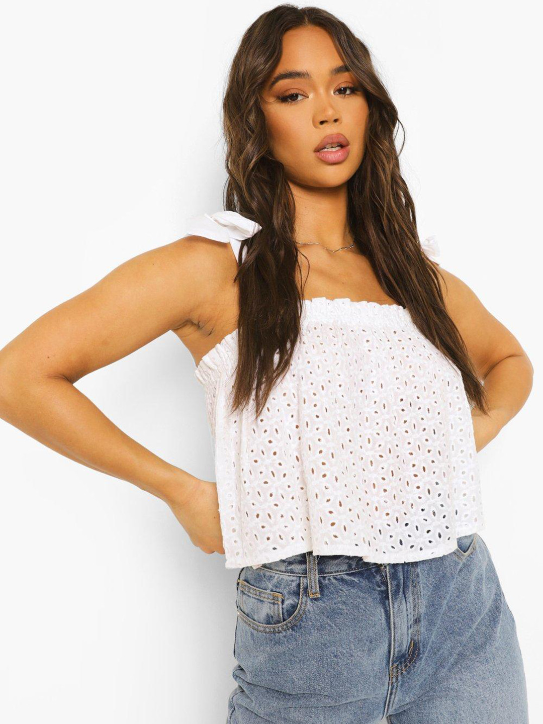 

Boohoo Black Self-Design Shoulder Straps A-Line Top, White