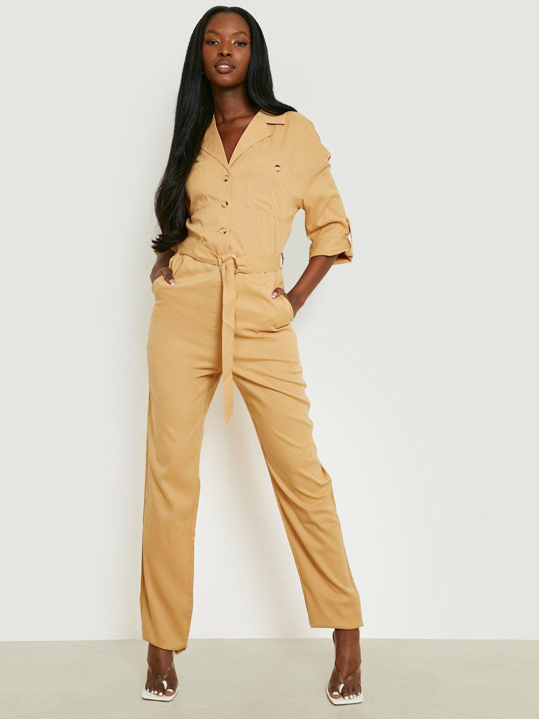 

Boohoo Brown Woven Utility Jumpsuit