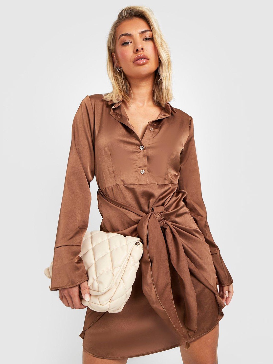 

Boohoo Brown Front Knot Satin Shirt Dress