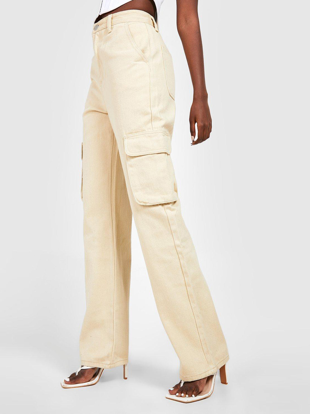 

Boohoo Women Cream-Coloured Pure Cotton Straight Fit Cargos