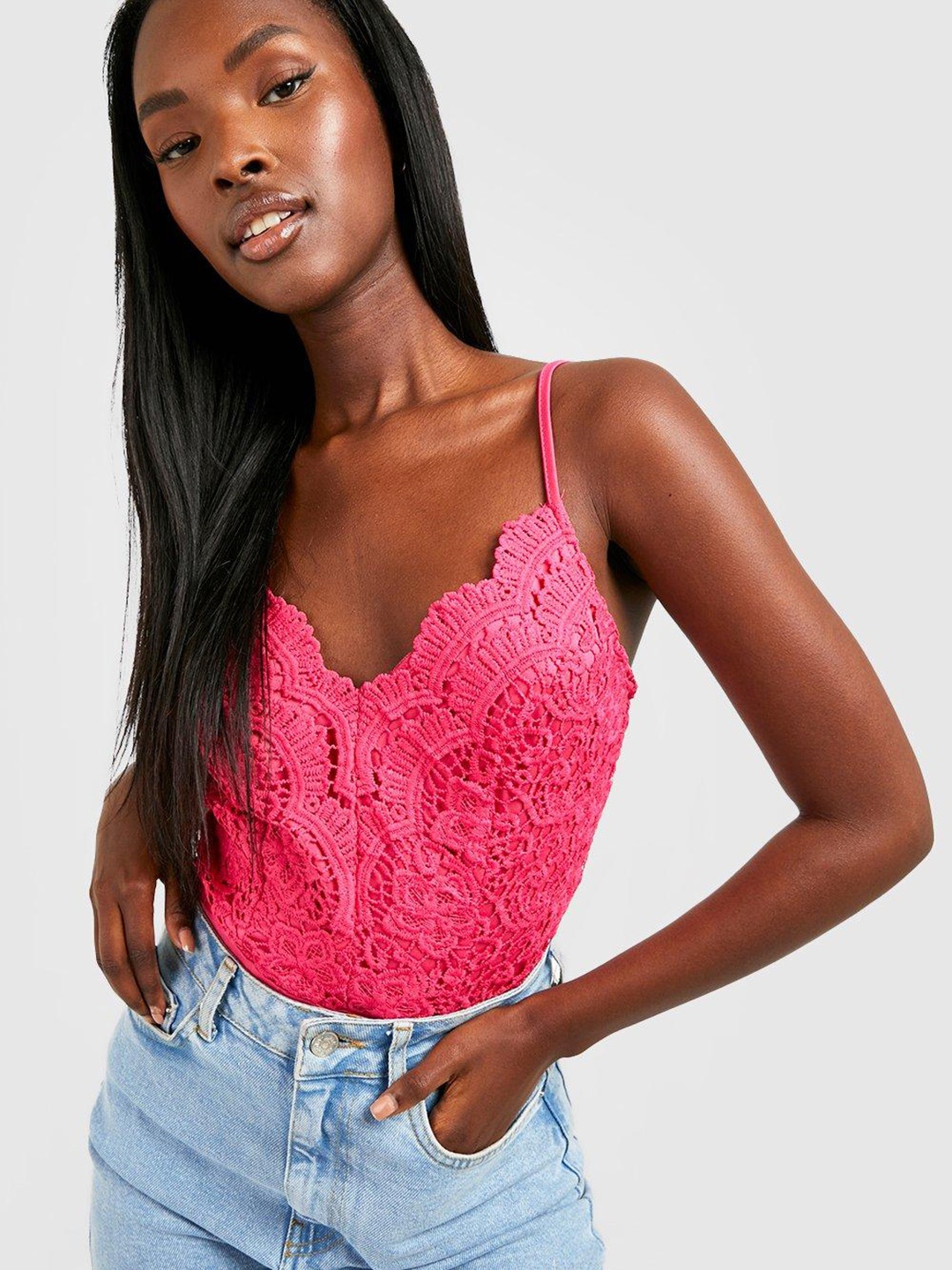 

Boohoo Pink Floral Embroidered Lace Bodysuit