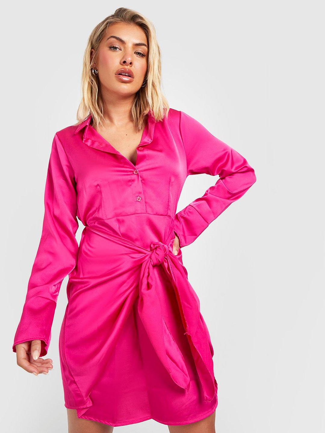 

Boohoo Pink Front Knot Satin Shirt Dress