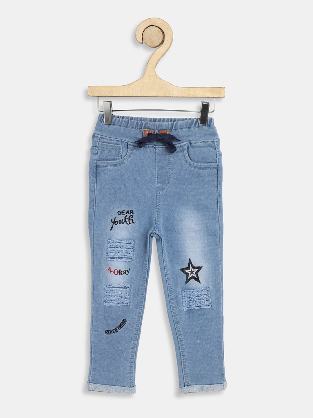 

A-Okay Girls Blue Jogger High-Rise Mildly Distressed Embroidered Jeans