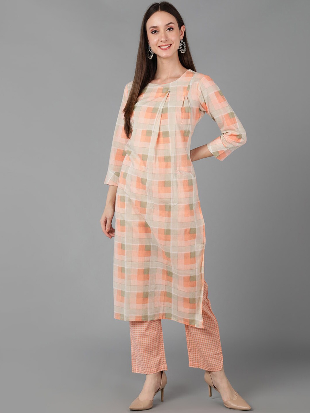 

AHIKA Women Peach-Coloured Printed Pleated Pure Cotton Kurta with Trousers