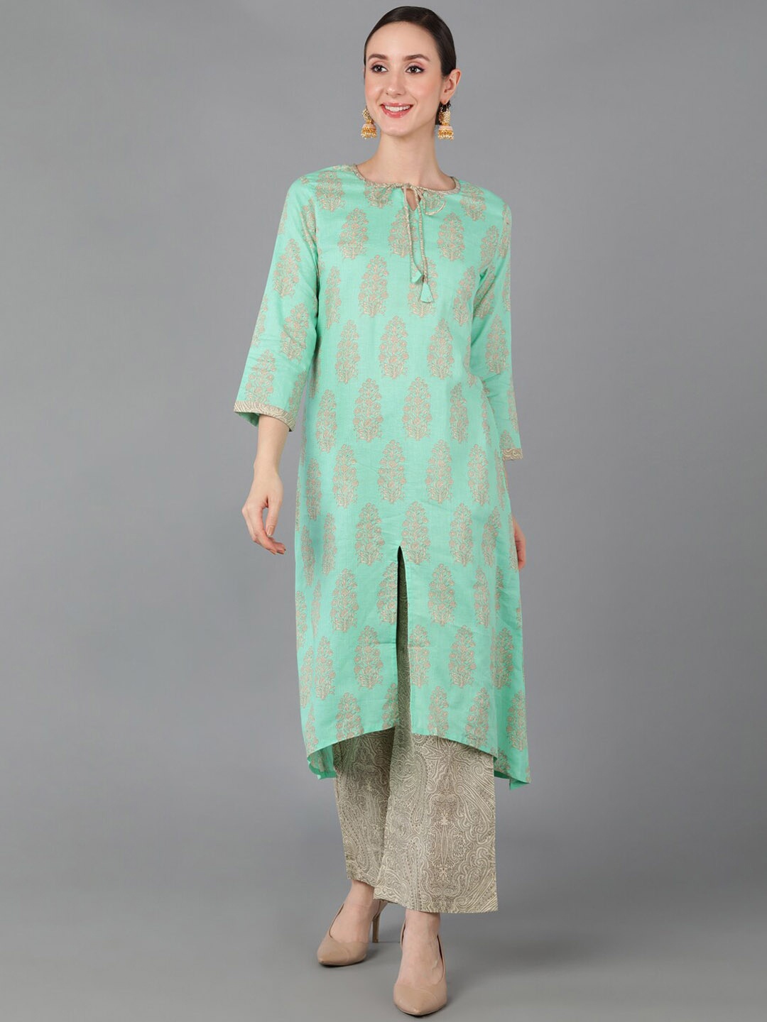 

AHIKA Women Sea Green Ethnic Motifs Printed Pure Cotton Kurta with Palazzos