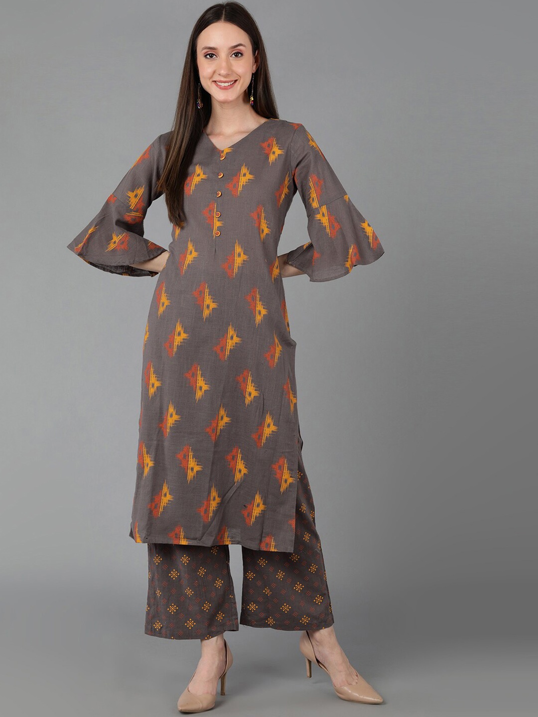

AHIKA Women Taupe Printed Pure Cotton Kurta with Palazzos