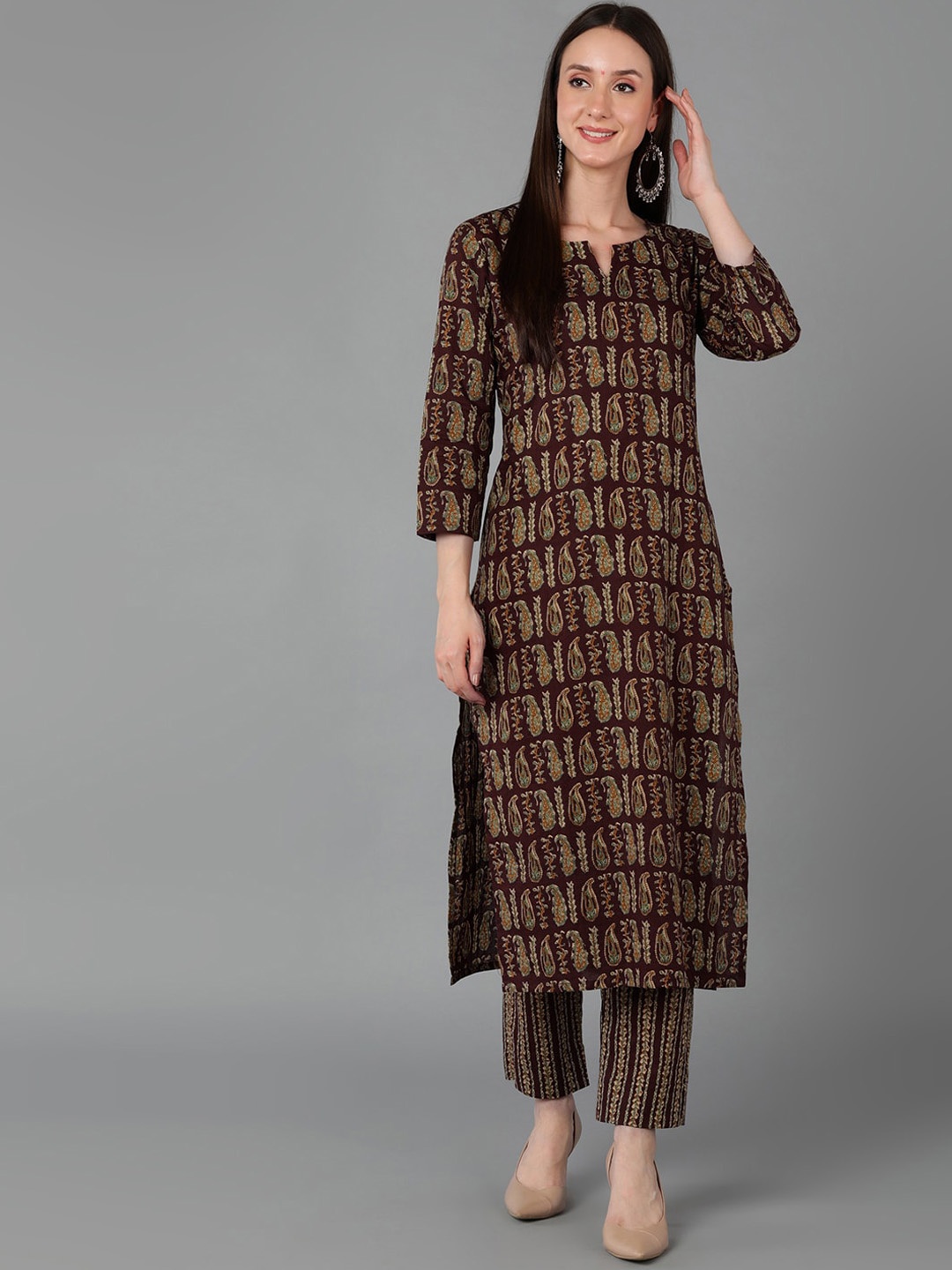 

AHIKA Women Maroon & Beige Paisley Printed Pure Cotton Kurta