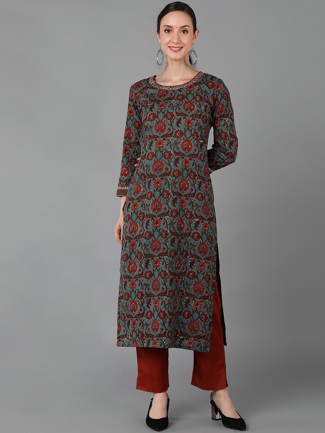 

AHIKA Women Teal & Maroon Floral Printed Cotton Kurta