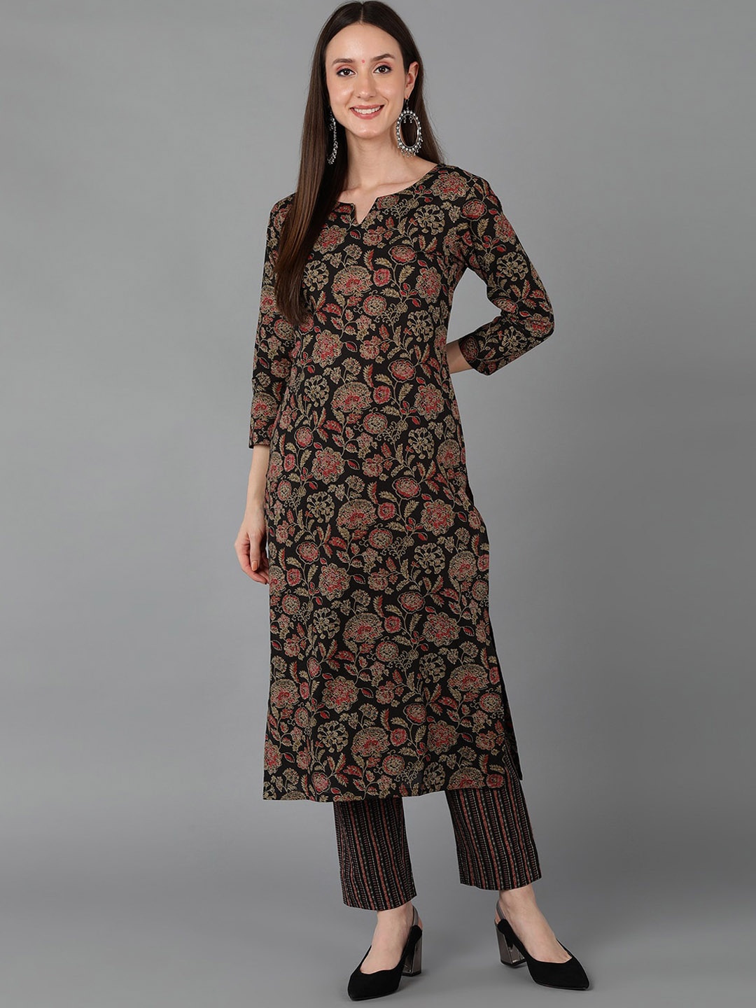 AHIKA Floral Printed Cotton Kurta, Black