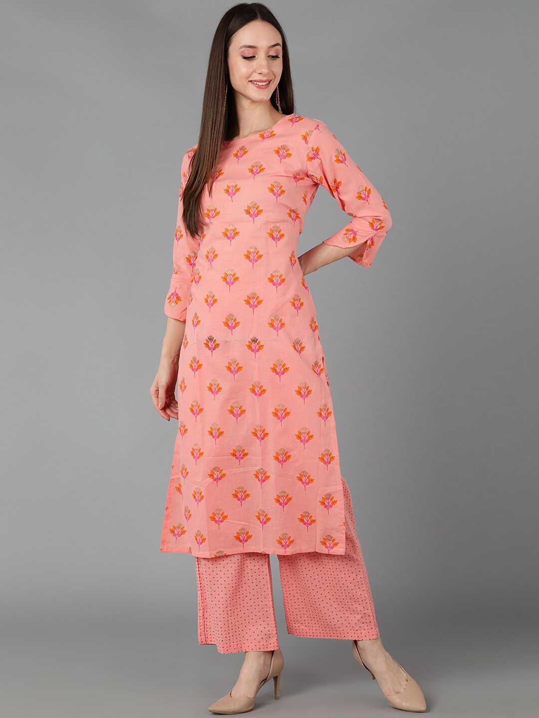 

AHIKA Women Pink Floral Printed Pure Cotton Kurta with Palazzos