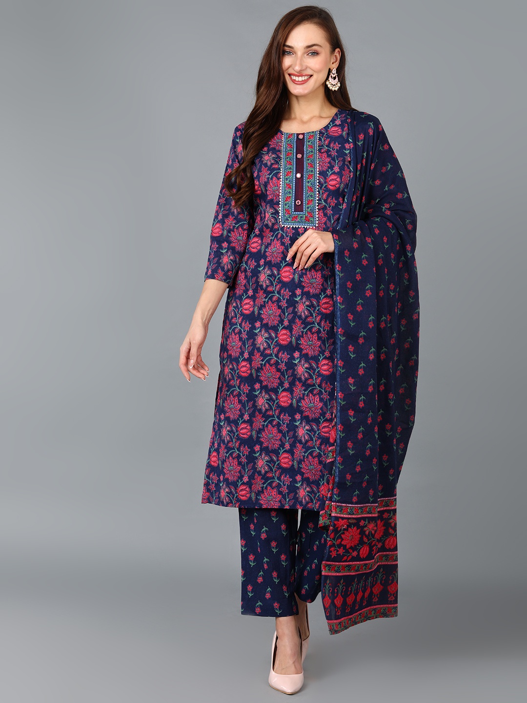 

AHIKA Women Floral Printed Cotton Blend Kurta with Trousers & Dupatta, Navy blue