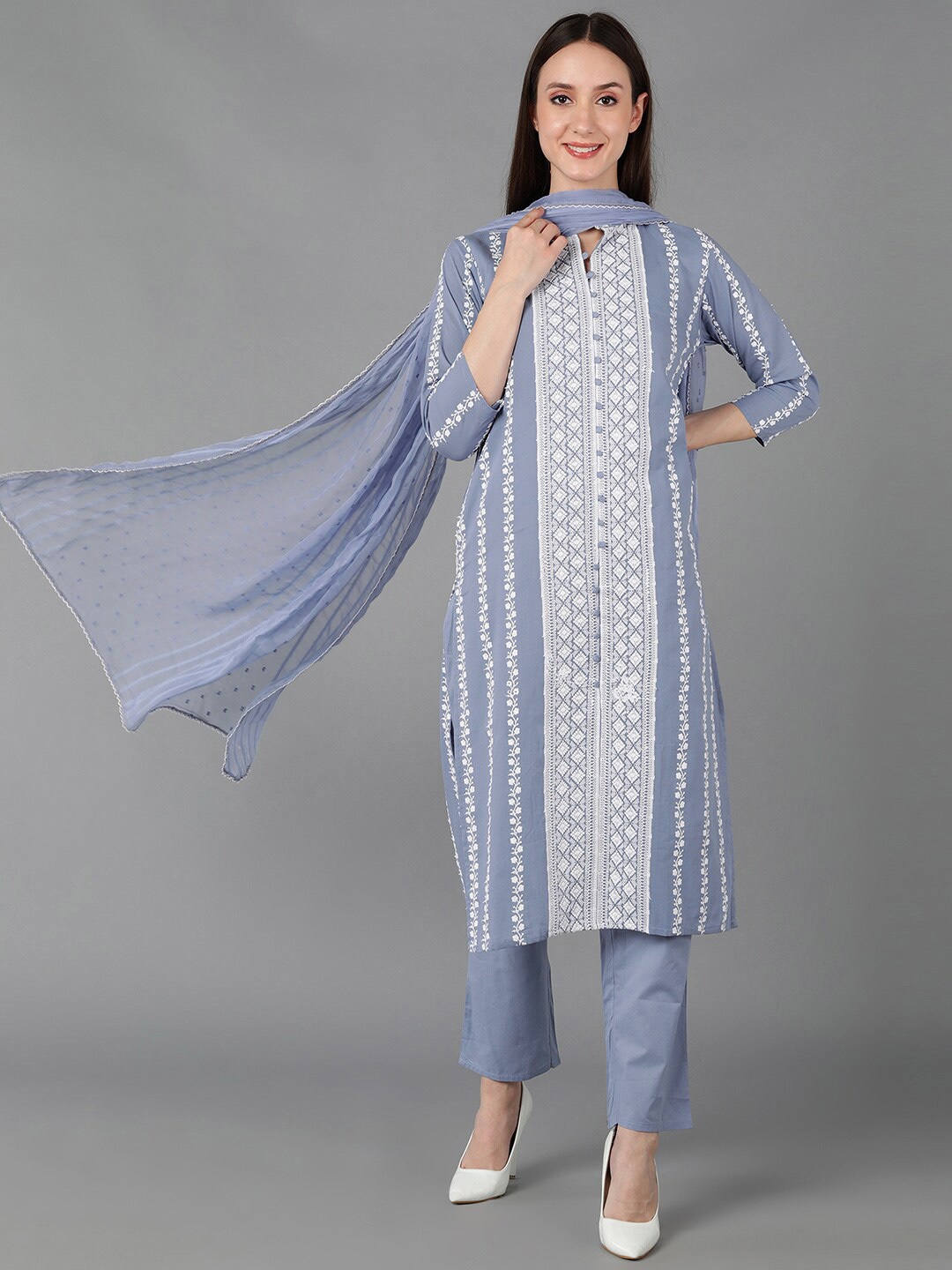 

AHIKA Women Blue Ethnic Motifs Embroidered Thread Work Kurta with Trousers & Dupatta