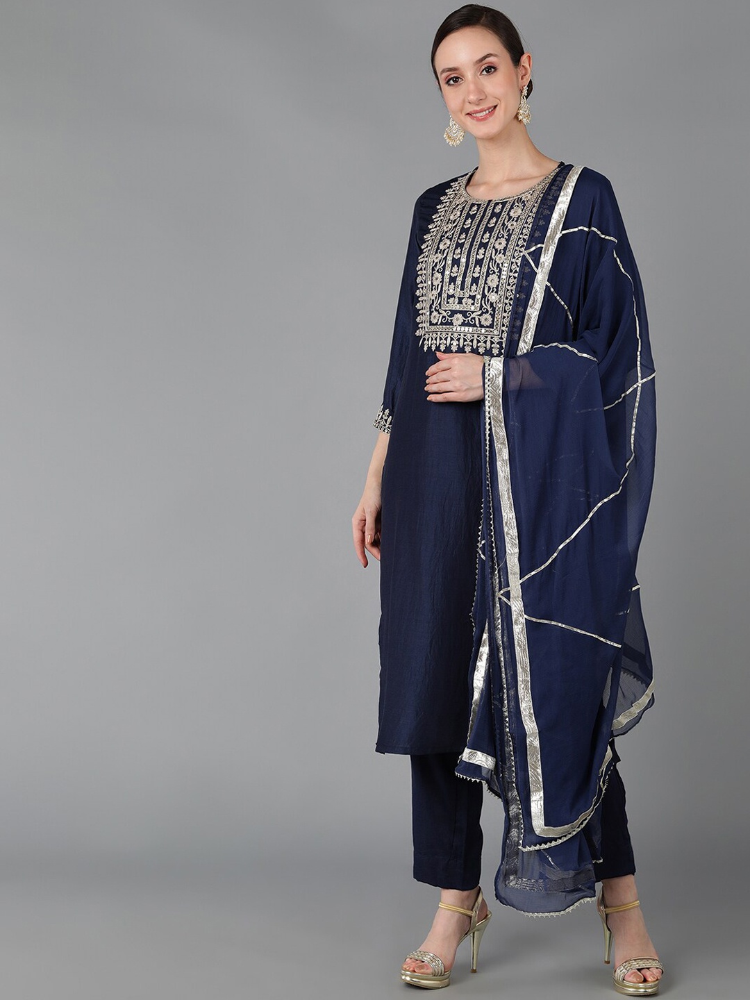 

AHIKA Women Navy Blue Ethnic Motifs Yoke Design Kurta with Trousers & Dupatta