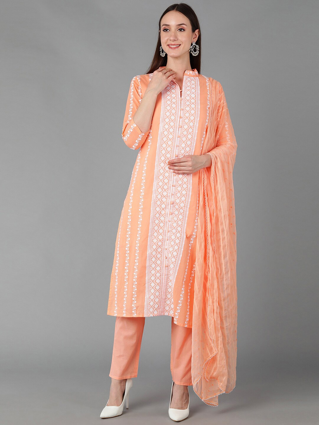 

AHIKA Women Orange Ethnic Motifs Embroidered Thread Work Kurta with Trousers & Dupatta