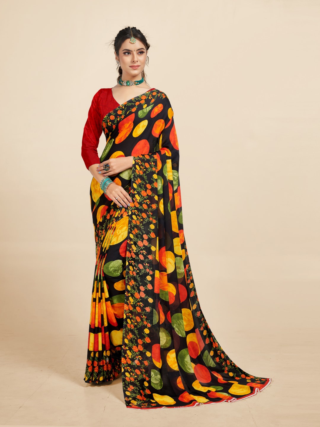 

Ambuja International Black & Yellow Geometric Printed Saree