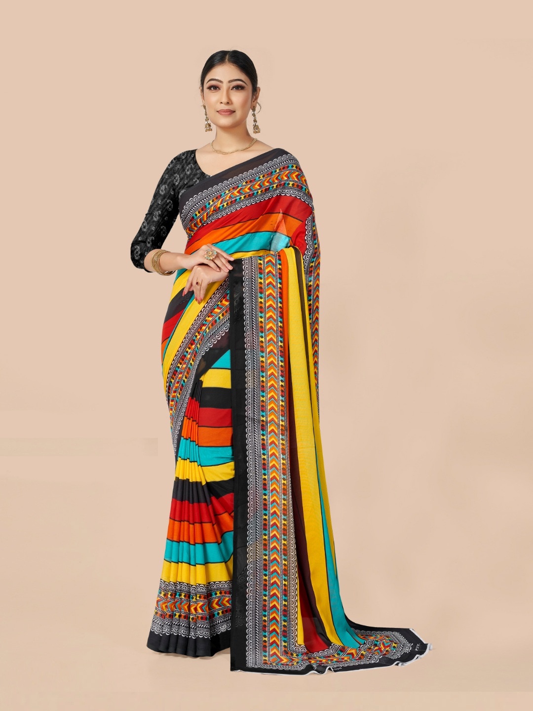 

Ambuja International Black & Red Printed Leheriya Saree