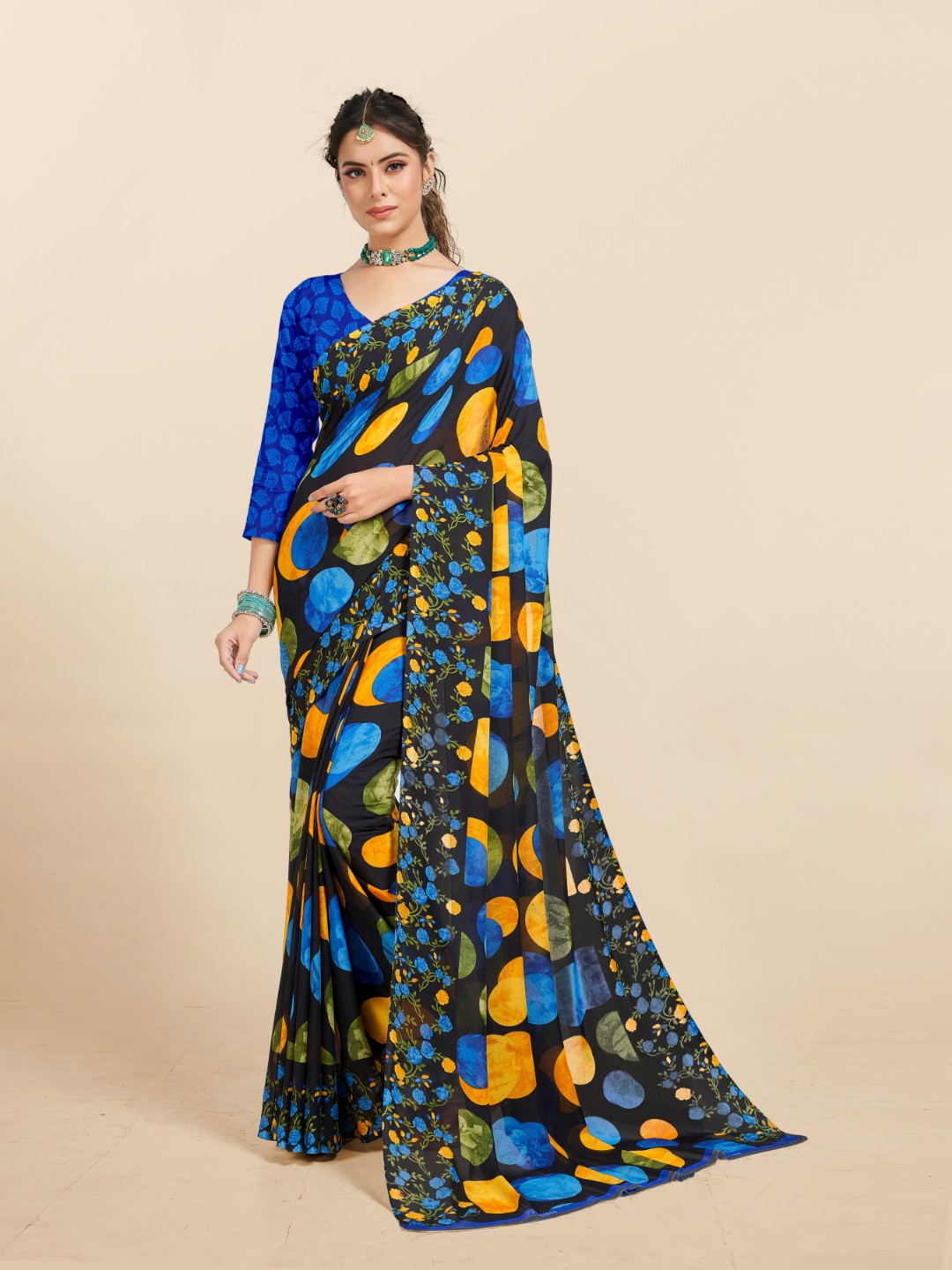 

Ambuja International Black & Blue Geometric Printed Saree