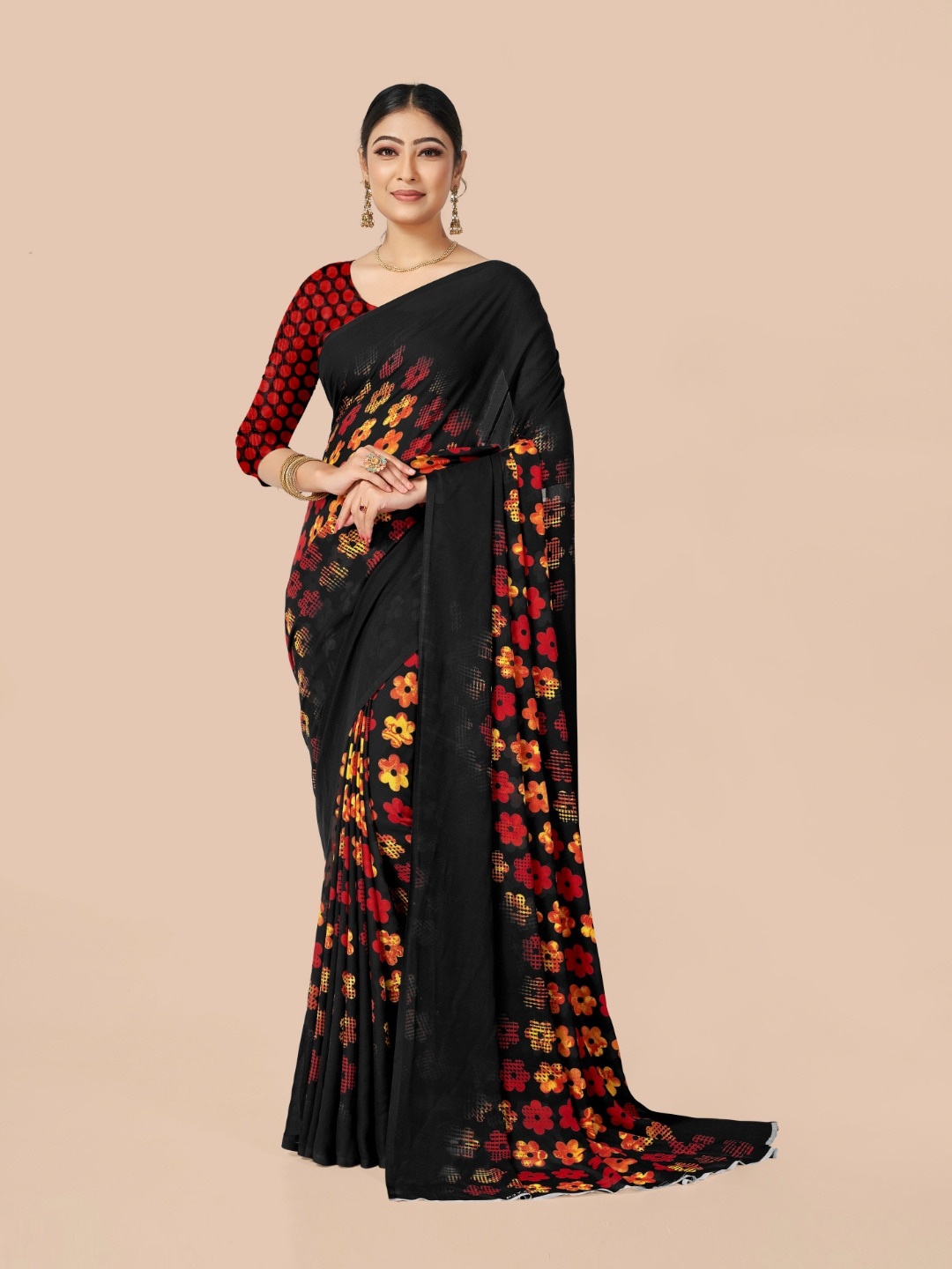 

Ambuja International Black & Red Floral Printed Saree