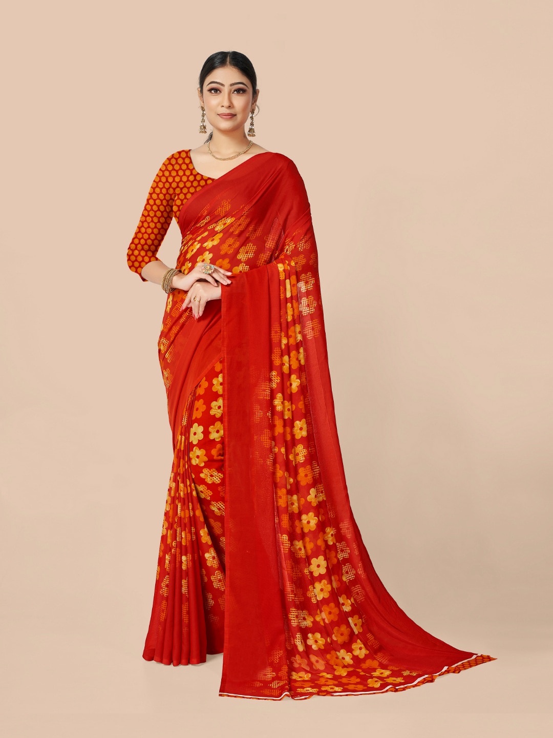 

Ambuja International Red & Yellow Floral Printed Saree