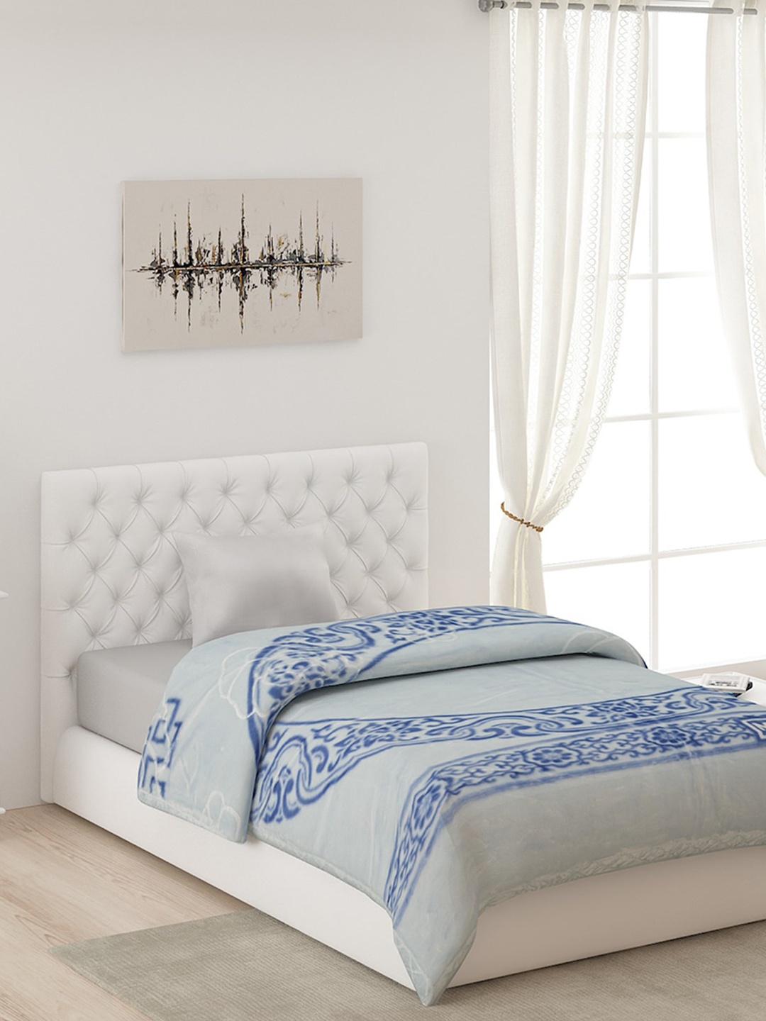 

Monte Carlo Blue & Off White 1000 GSM Ethnic Motifs Heavy Winter Single Bed Blanket