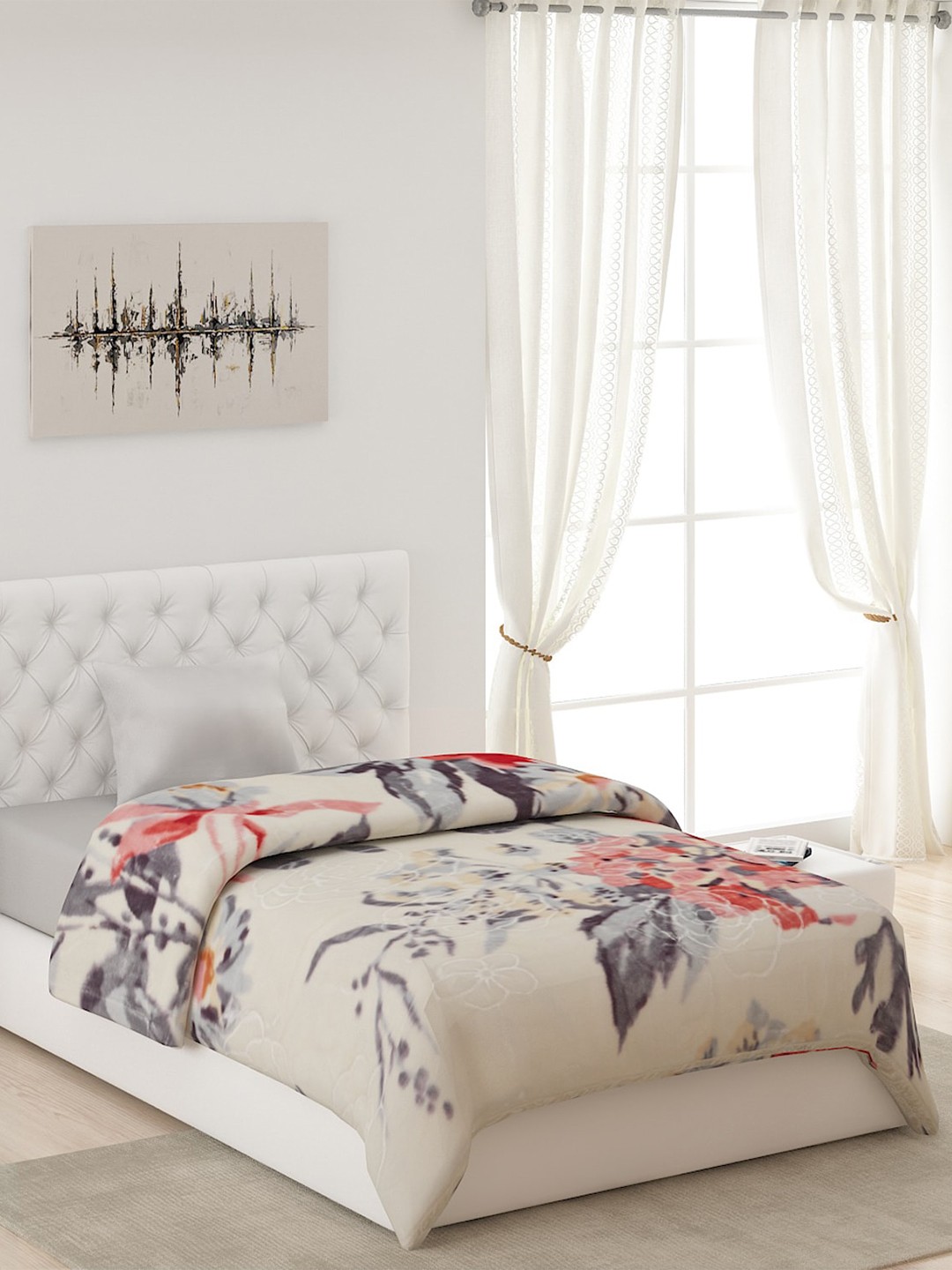 

Monte Carlo Cream-Coloured & Grey 1000 GSM Floral Heavy Winter Single Bed Blanket