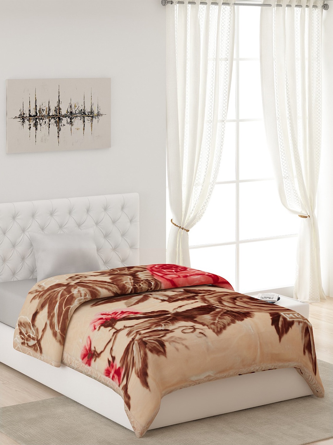 

Monte Carlo Cream-Coloured & Orange 1000 GSM Floral Heavy Winter Single Bed Blanket
