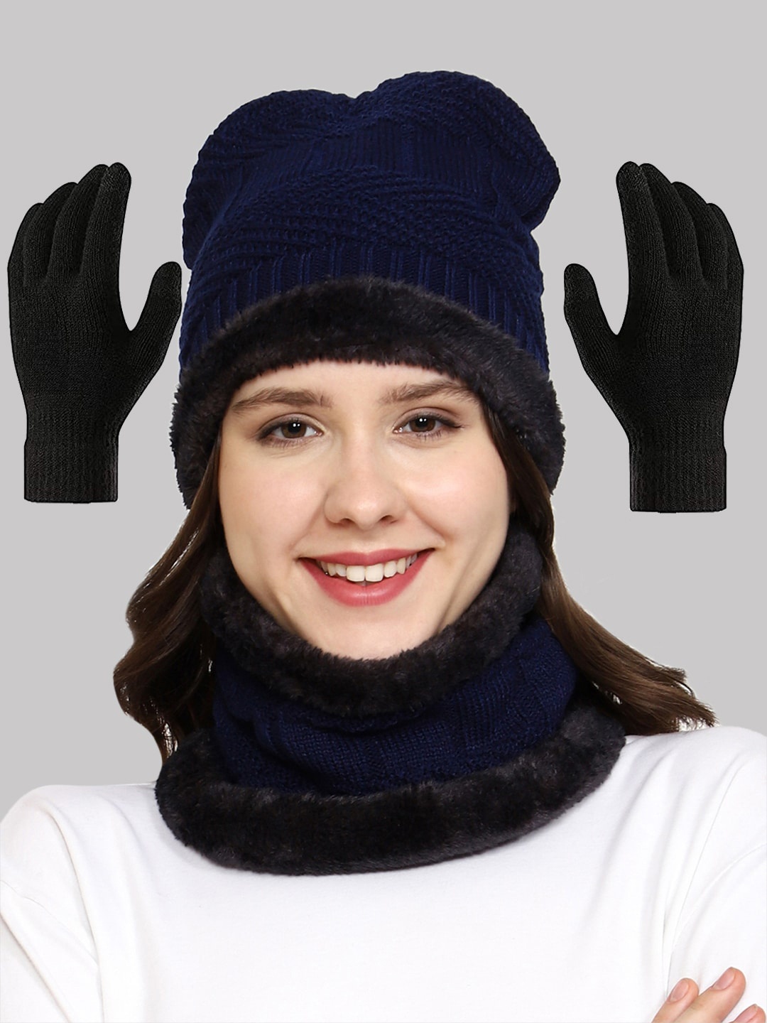 

WEAVERS VILLA Women Navy Blue Beanie Neck With Warmer and Gloves