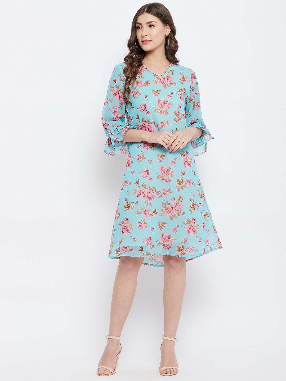 

Color Cocktail Blue & Pink Floral Printed Round Neck Dress
