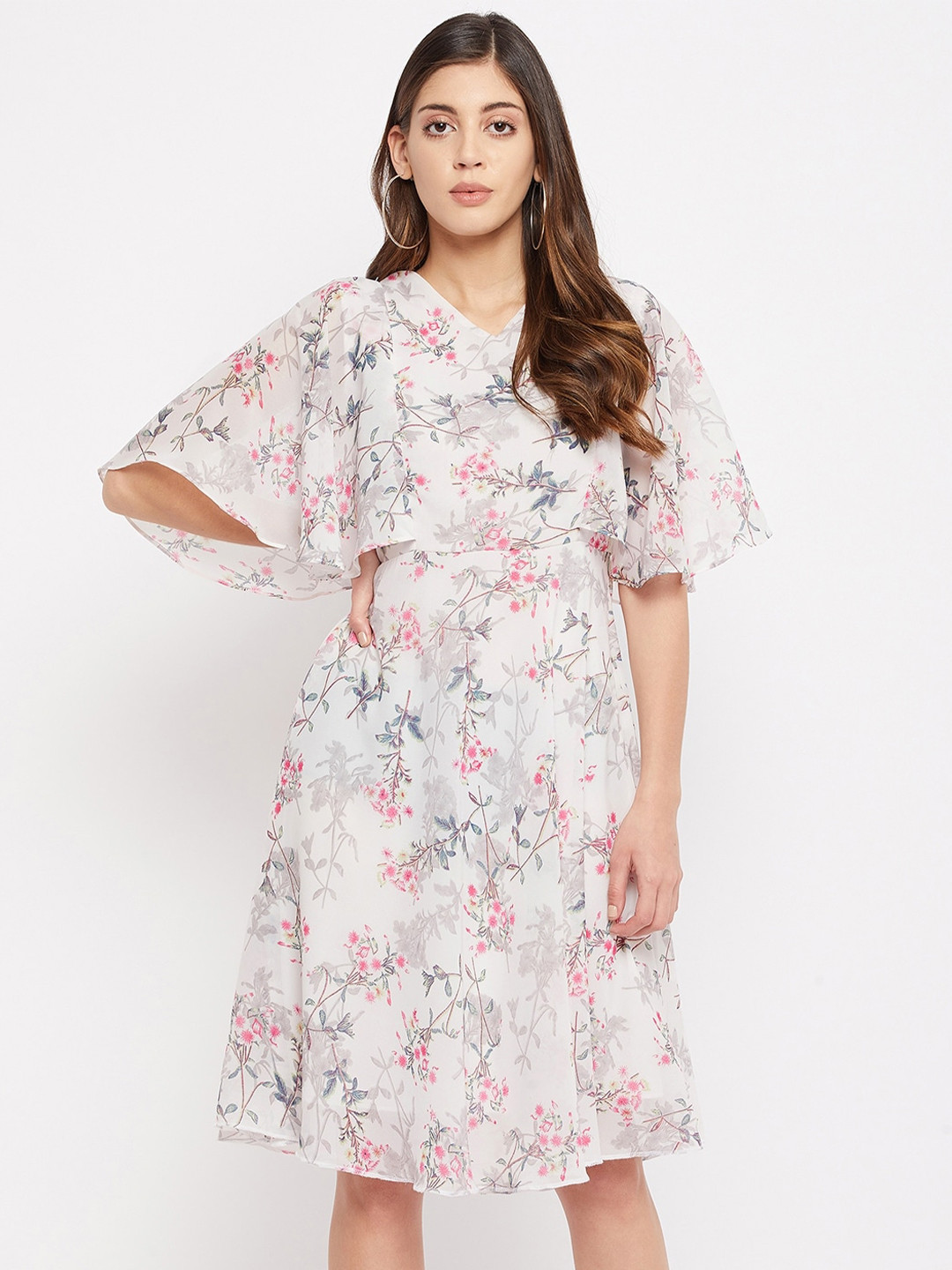 

Color Cocktail Women Grey & Pink Floral Printed V-Neck Dress