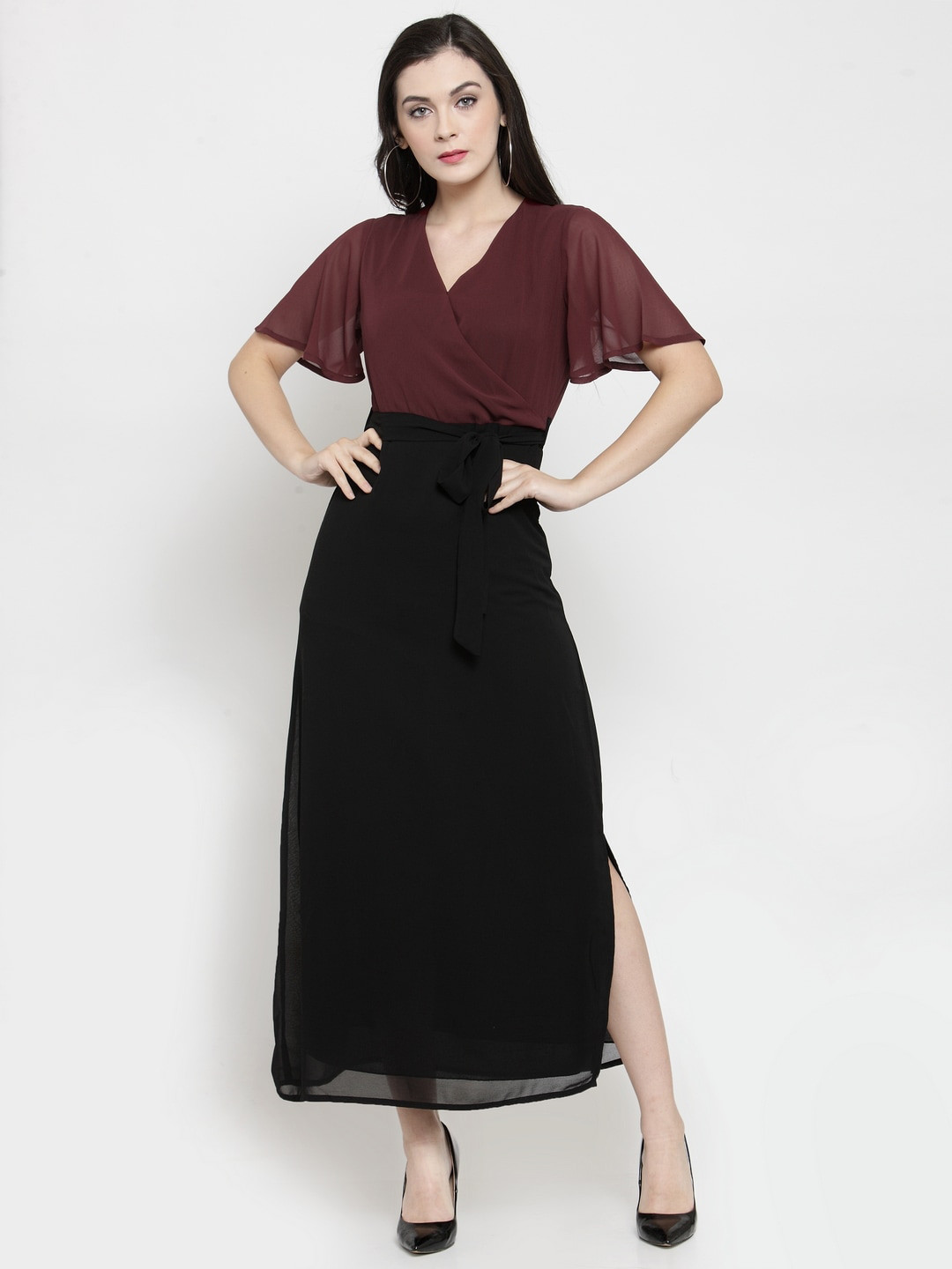 

Color Cocktail Women Maroon & Black Colourblocked V-Neck Wrap Maxi Dress