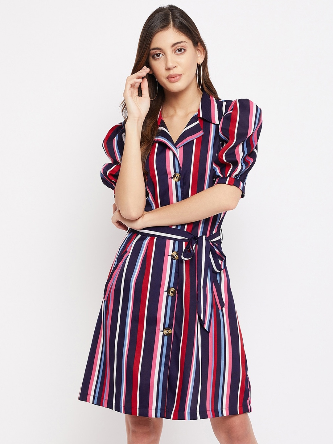 

Color Cocktail Women Navy Blue & Red Striped Shirt Dress