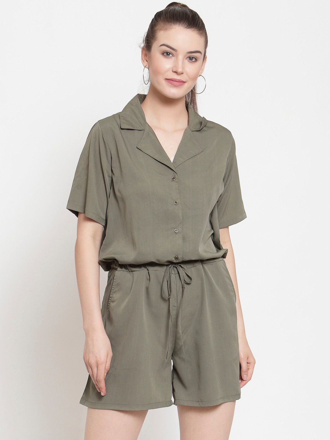 

Color Cocktail Women Olive Green Solid Shirt Collar Playsuit