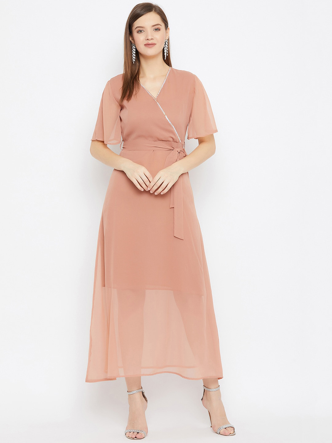 

Color Cocktail Women Peach-Coloured V-Neck Wrap Maxi Dress