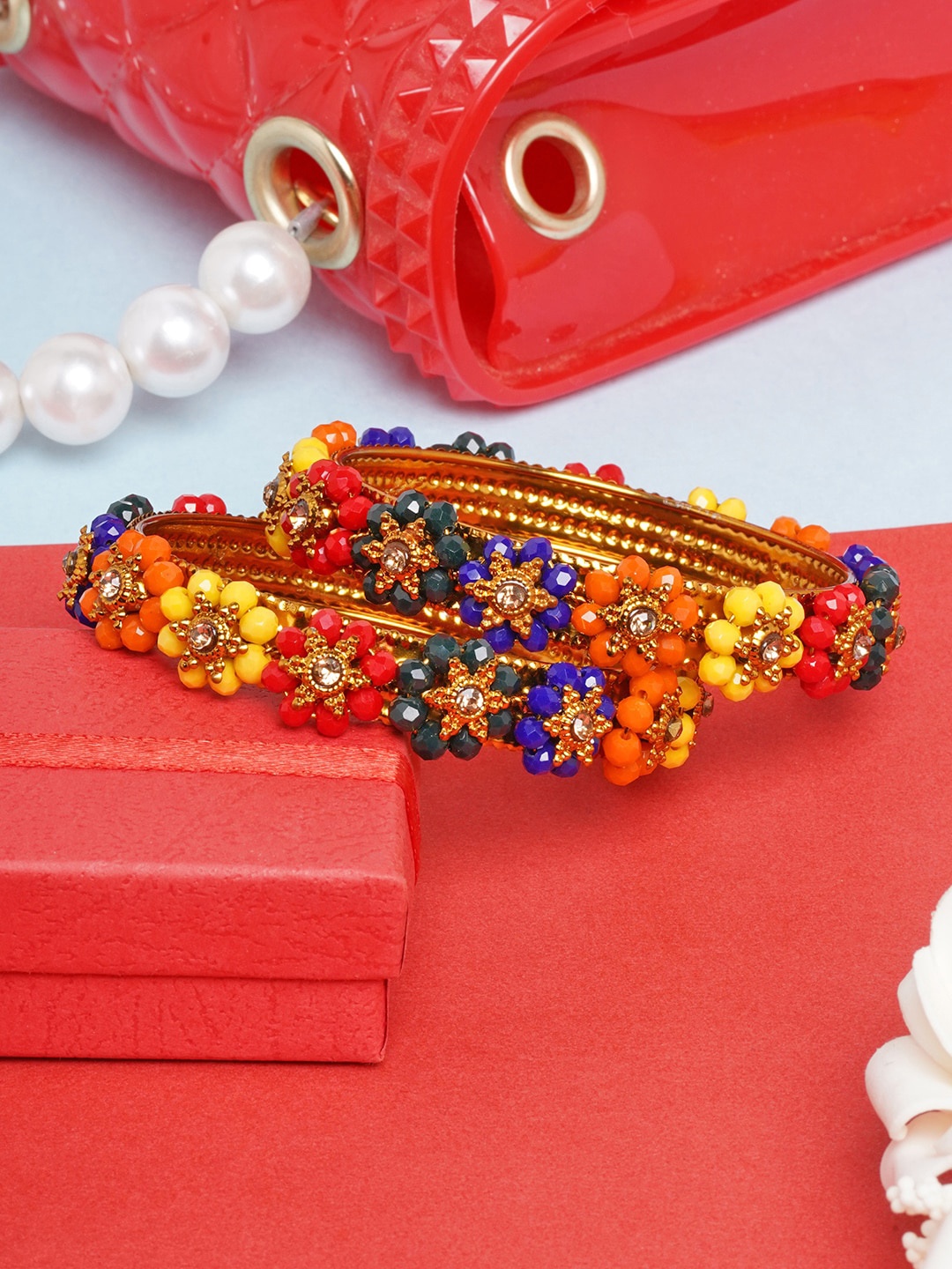 

DIVA WALK Women Red & Yellow Set of 2 Rose Gold-Plated Bangles