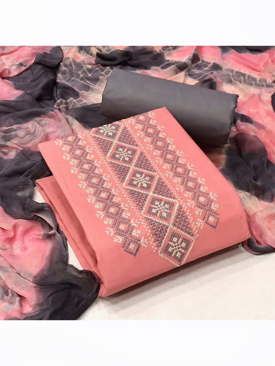 

MORLY Peach-Coloured & Brown Embroidered Unstitched Dress Material