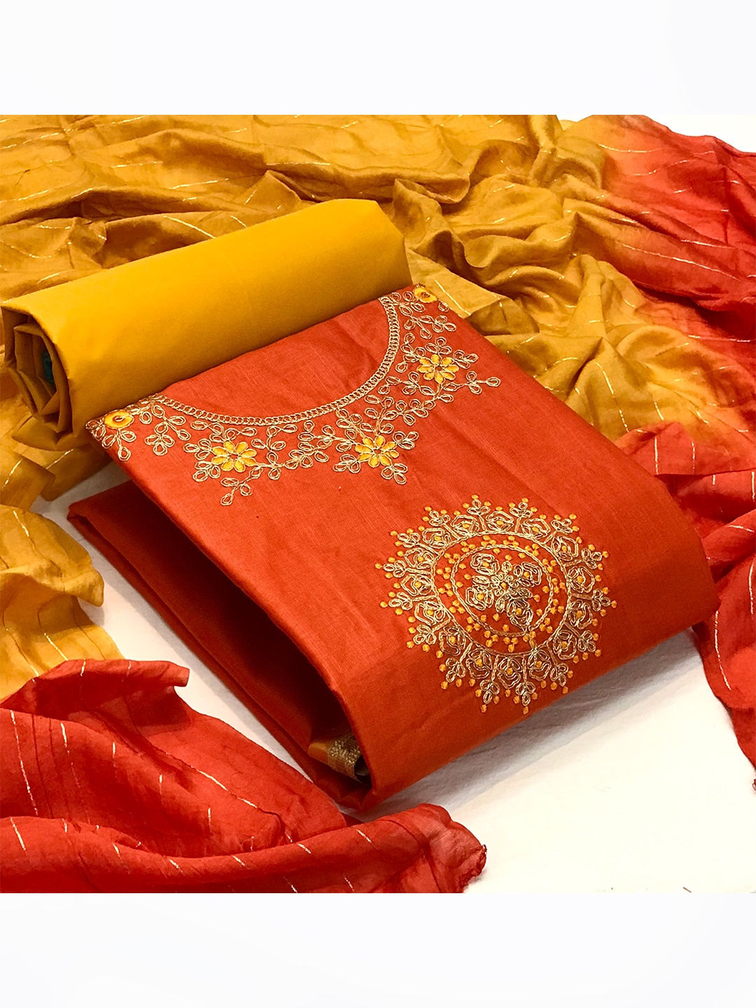 

MORLY Orange & Gold-Toned Embroidered Unstitched Dress Material