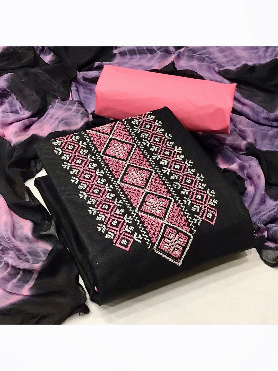 

MORLY Black & Peach-Coloured Embroidered Unstitched Dress Material